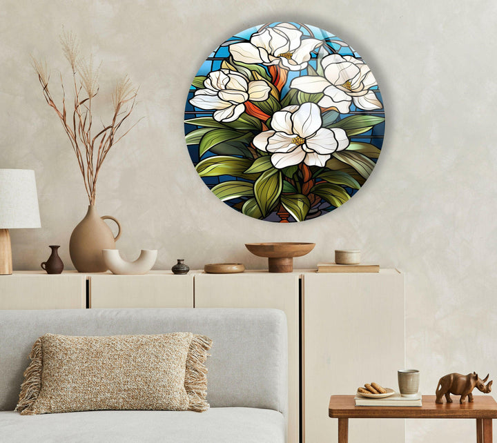 Stained Glass Window With White Flower Glass Wall Art, glass art painting, glass art for the Wall