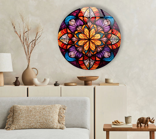 Showcasing the layering effect, the round Mandala stained glass wall prints art creates depth with its colorful, abstract floral design, enhancing the bohemian decor.