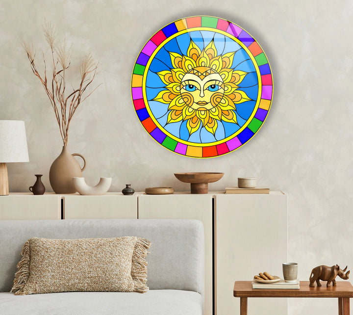 Colorful Sun Face Round Wall Art – Boho Celestial Decor in Glass - MyPhotoStation