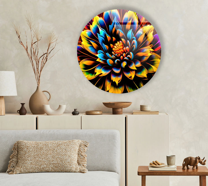 Vibrant Neon Flower Wall Art – Round Glass Decor with Black Background, Bold Petals & UV Print - MyPhotoStation