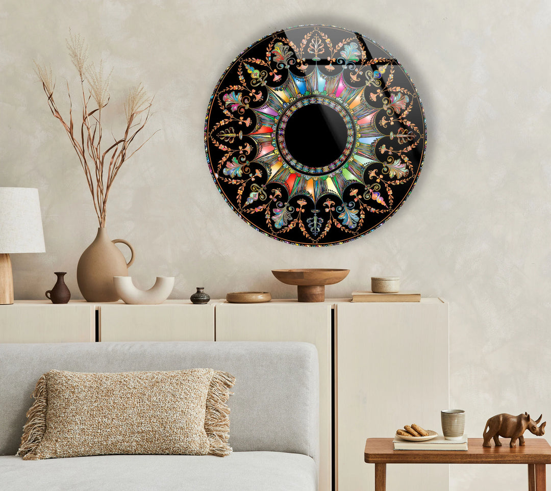 Mandala Round Wall Art – Ornate Colorful Glass Print with Black Background for Luxe Boho or Modern Decor - MyPhotoStation