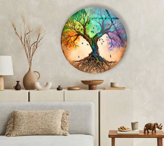 Neutral wall textures set the stage for the Roots of Harmony round tree of life glass wall artwork, enhancing its vibrant colors as exceptional glass wall artwork.