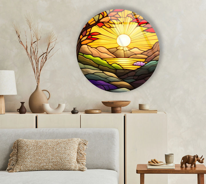 Sunrise Landscape Wall Art – Vibrant Round Stained Glass Style Glass Print for Living Room or Entryway - MyPhotoStation