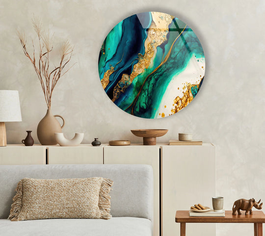 Circular Oceanic Marble glass art painting showcases geometric swirls of blue, gold, and white, creating a modern, abstract design.