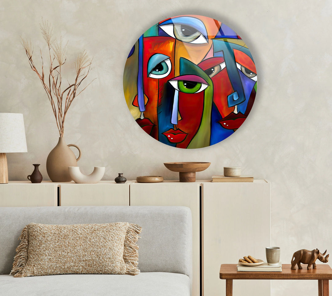 Colorful Cubist Face Round Wall Art – Abstract Glass Decor with Modern Picasso Style - MyPhotoStation