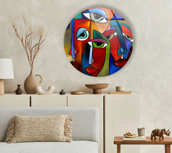 Colorful Cubist Face Round Wall Art – Abstract Glass Decor with Modern Picasso Style - MyPhotoStation