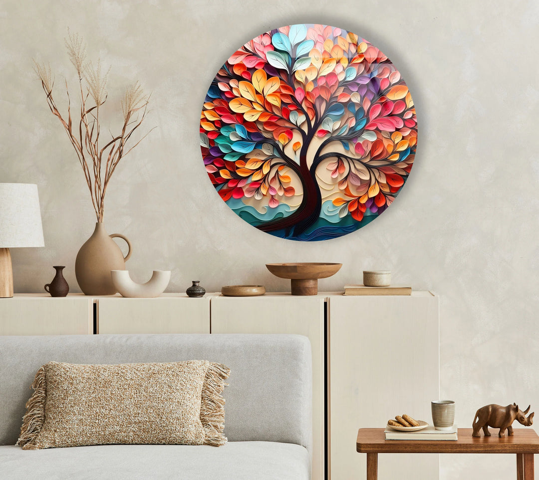 Whimsical Rainbow Tree Round Wall Art – Multicolor Glass Wall Decor for Living Room & Office - MyPhotoStation