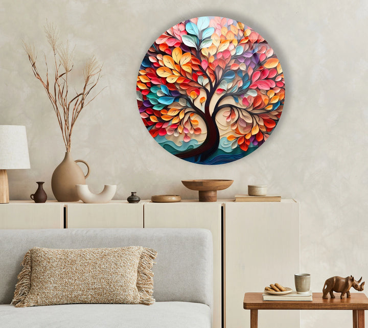 Whimsical Rainbow Tree Round Wall Art – Multicolor Glass Wall Decor for Living Room & Office - MyPhotoStation