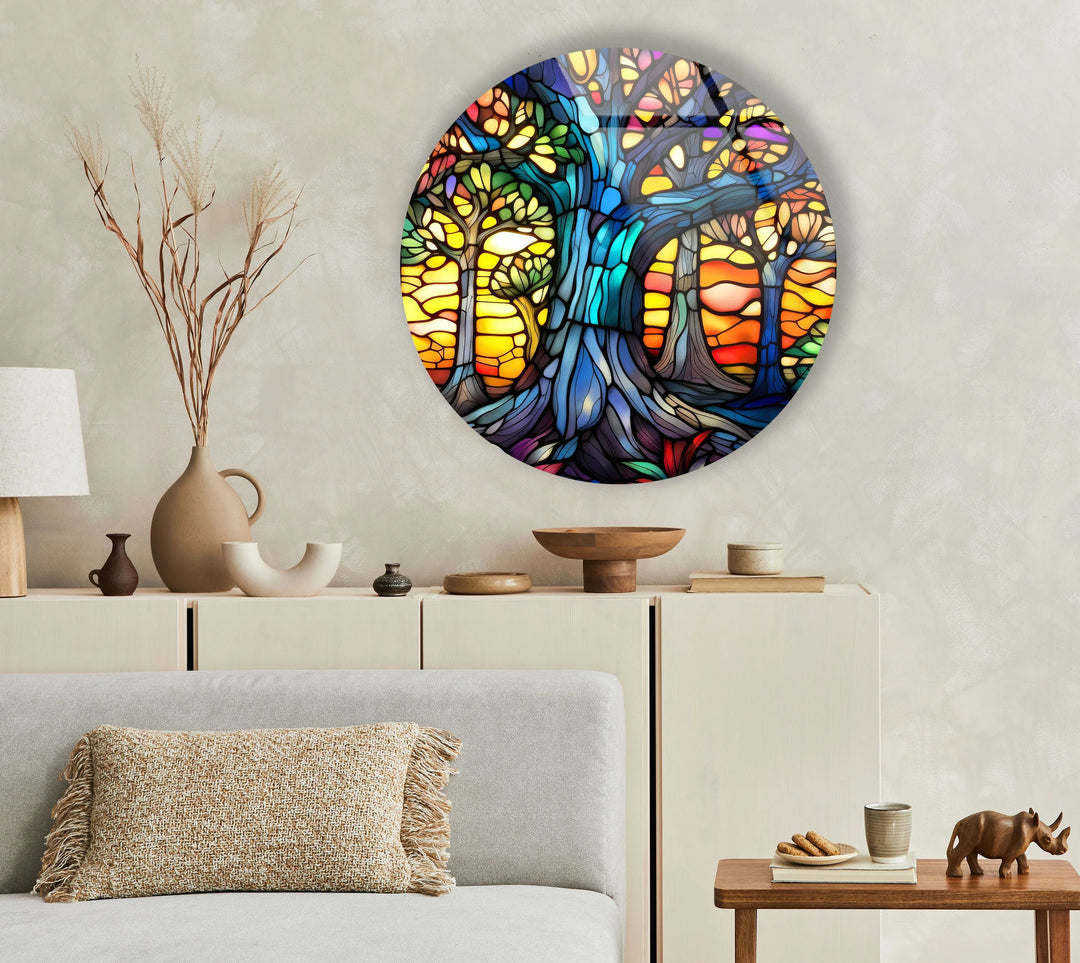 Stained Glass Tree of Life Wall Art – Round Vibrant Forest Print for Spiritual Home Decor - MyPhotoStation