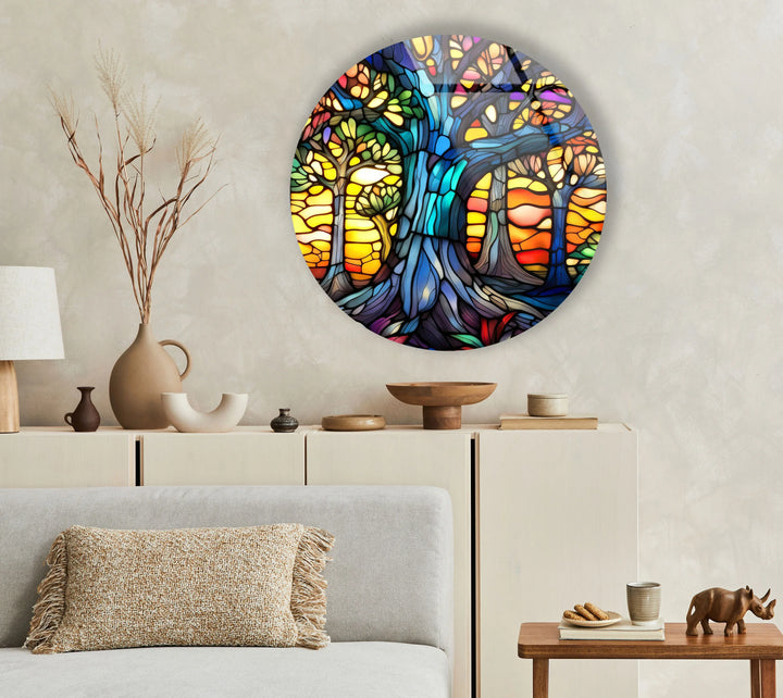 Stained Glass Tree of Life Wall Art – Round Vibrant Forest Print for Spiritual Home Decor - MyPhotoStation