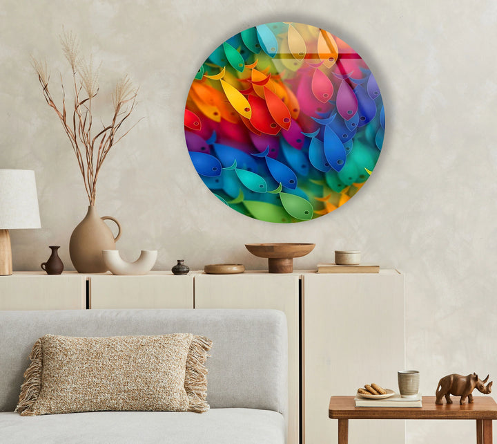 Rainbow Fish Round Wall Art – Vibrant Colorful Ocean-Inspired Glass Decor - MyPhotoStation