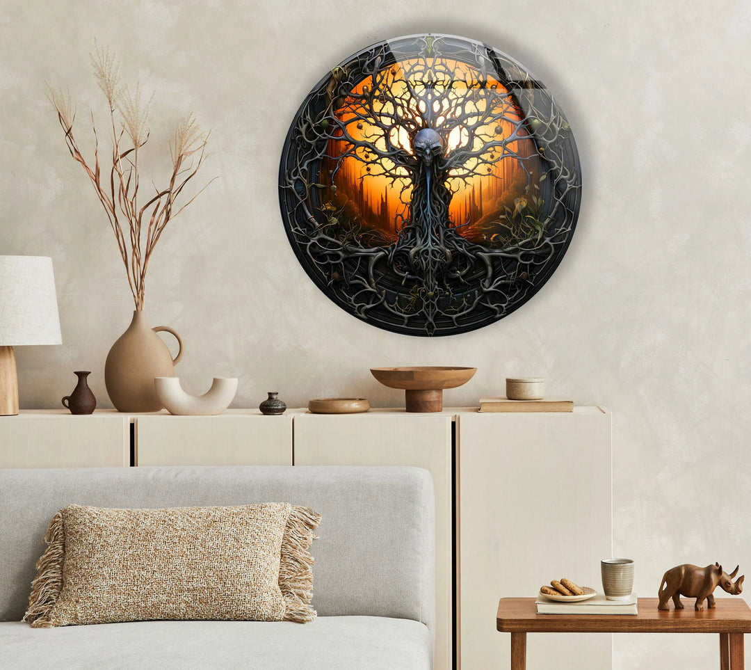 Gothic Skull Tree Round Wall Art – Dark Fantasy Glass Decor for Horror & Halloween Lovers - MyPhotoStation