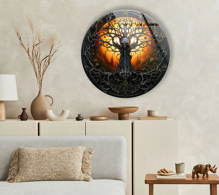 Gothic Skull Tree Round Wall Art – Dark Fantasy Glass Decor for Horror & Halloween Lovers - MyPhotoStation