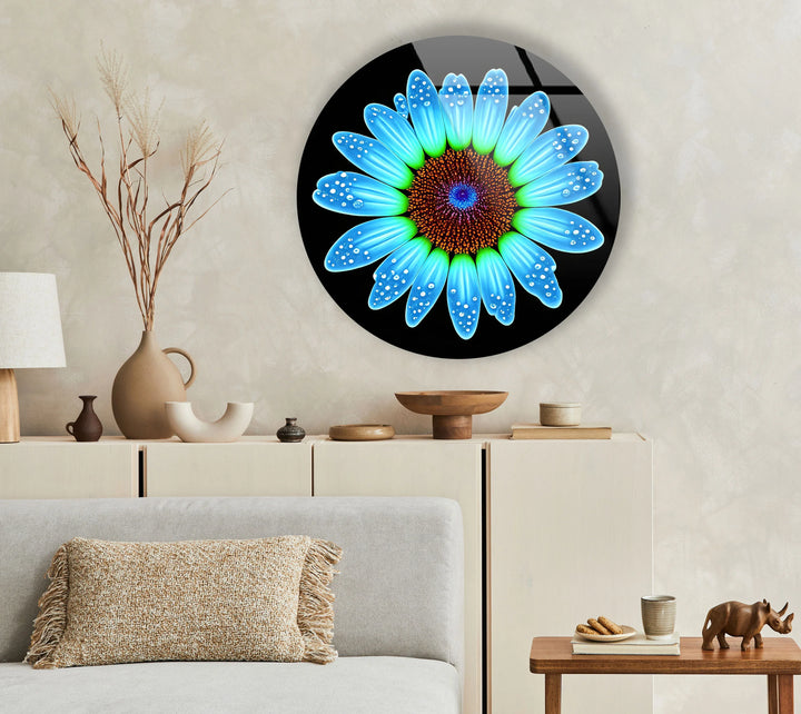 Blue Daisy Flower Wall Art – Round Modern Floral Glass Print with Water Droplets - MyPhotoStation