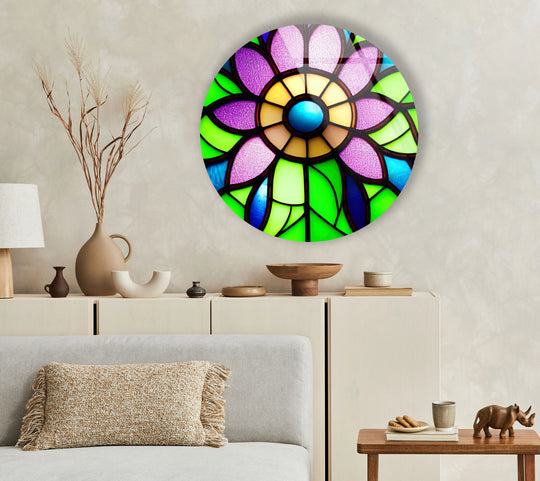 Showcasing the layering effect of colors and shapes in this round stained glass flower, a piece of glass wall art decor that creates a captivating focal point.