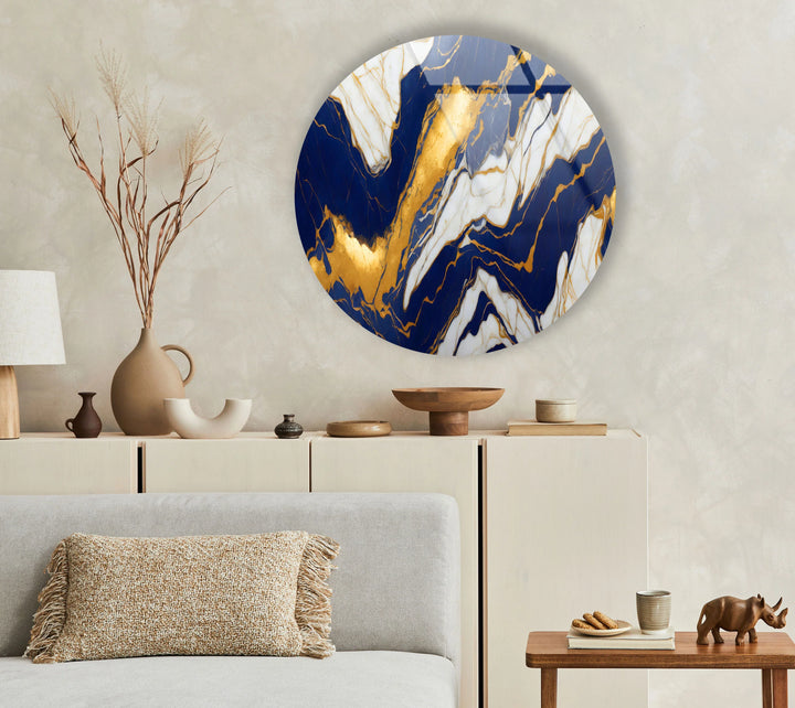 Royal Blue & Gold Marble Round Wall Art – Luxurious Tempered Glass Accent for Modern Interiors - MyPhotoStation