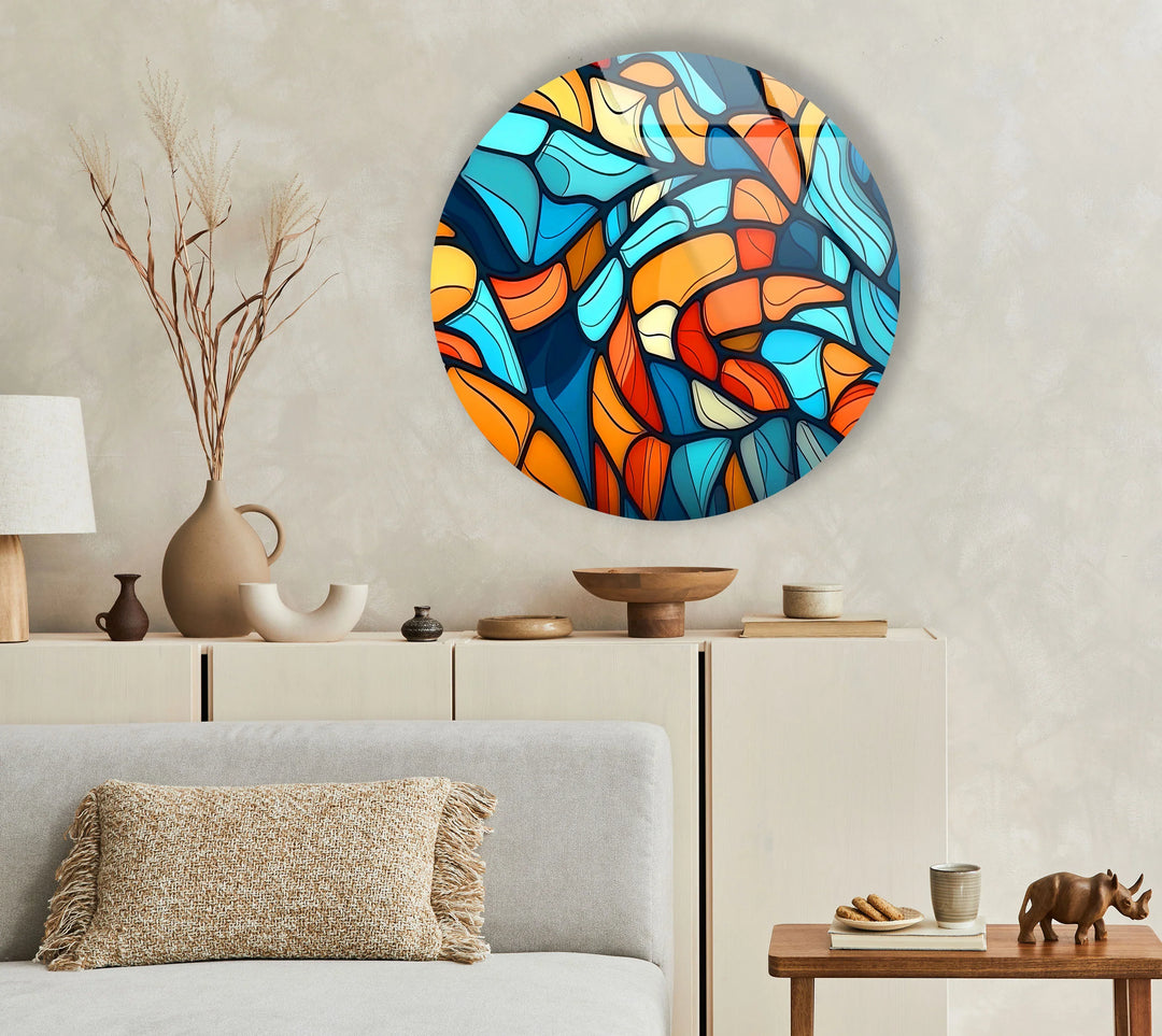 Colorful Abstract Stained Glass Round Wall Art – Blue Orange Modern Design - MyPhotoStation
