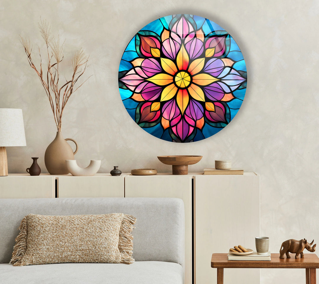 Mandala Lotus Flower Glass Wall Art – Round Stained Glass Style Floral Decor for Zen & Boho Homes - MyPhotoStation
