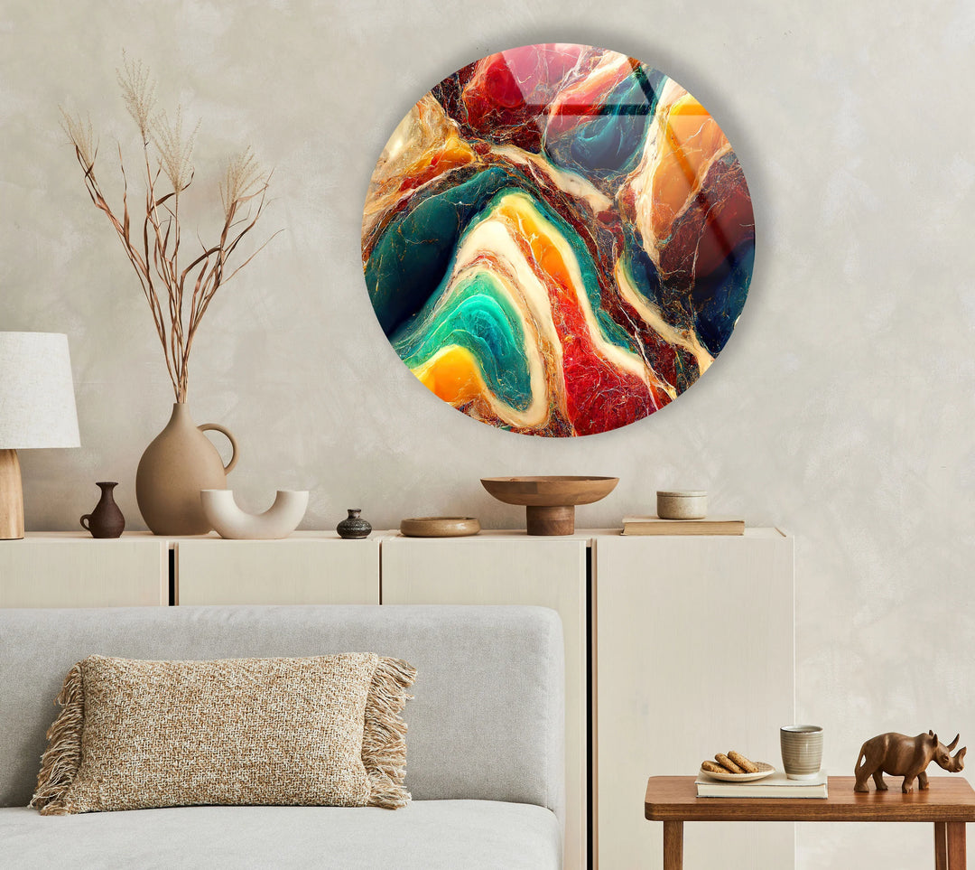 Colorful Marble Swirl Round Wall Art – Abstract Glass Decor with Earthy Tones & Gemstone Texture - MyPhotoStation