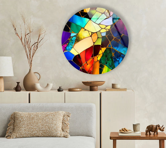 Dominant rainbow hues define this round stained glass art panel, a vibrant multicolor mosaic that exemplifies stunning glass art for modern decor.