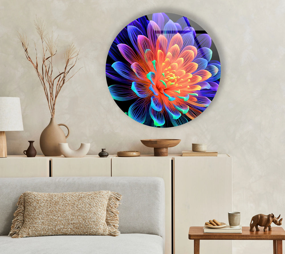 Radiant Neon Flower Glass Wall Art – Round Modern Decor with Vivid Color Petals - MyPhotoStation