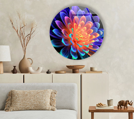 Vivid radiant neon flower decorative wall art showcases the high-quality tempered glass surface that enhances the luminous petals and creates a stunning visual impact.