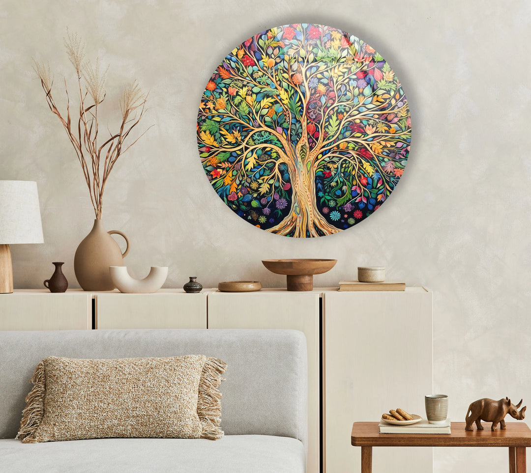 Colorful Tree of Life Wall Art – Round Glass Print with Vibrant Botanical Design for Nature-Inspired Home Decor - MyPhotoStation