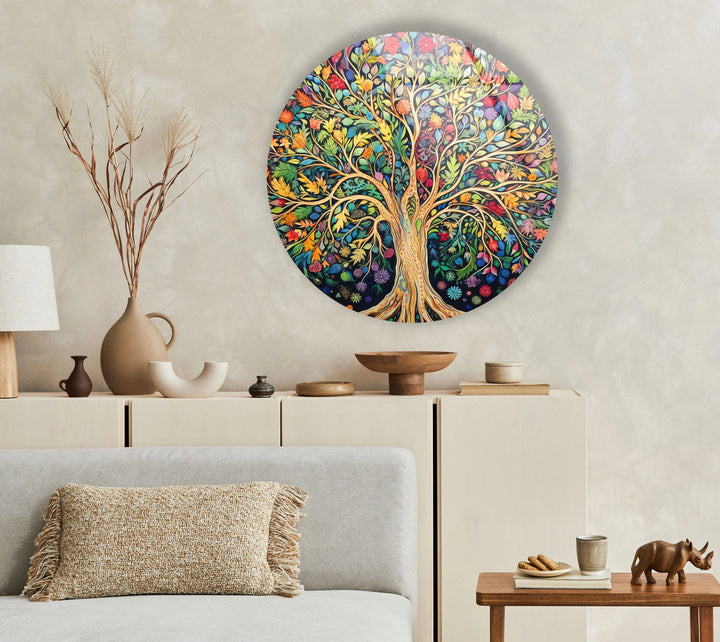 Colorful Tree of Life Wall Art – Round Glass Print with Vibrant Botanical Design for Nature-Inspired Home Decor - MyPhotoStation