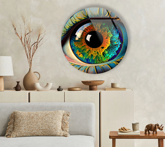 Polished art from glass gives a radiant sheen to this rainbow eye wall art, enhancing its colorful abstract vision with a glossy finish.