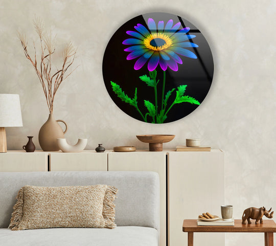 The darkest area highlights the vibrant neon bloom in this round glass wall art, a piece of unique modern wall decor, where colorful flower petals radiate against the black background.