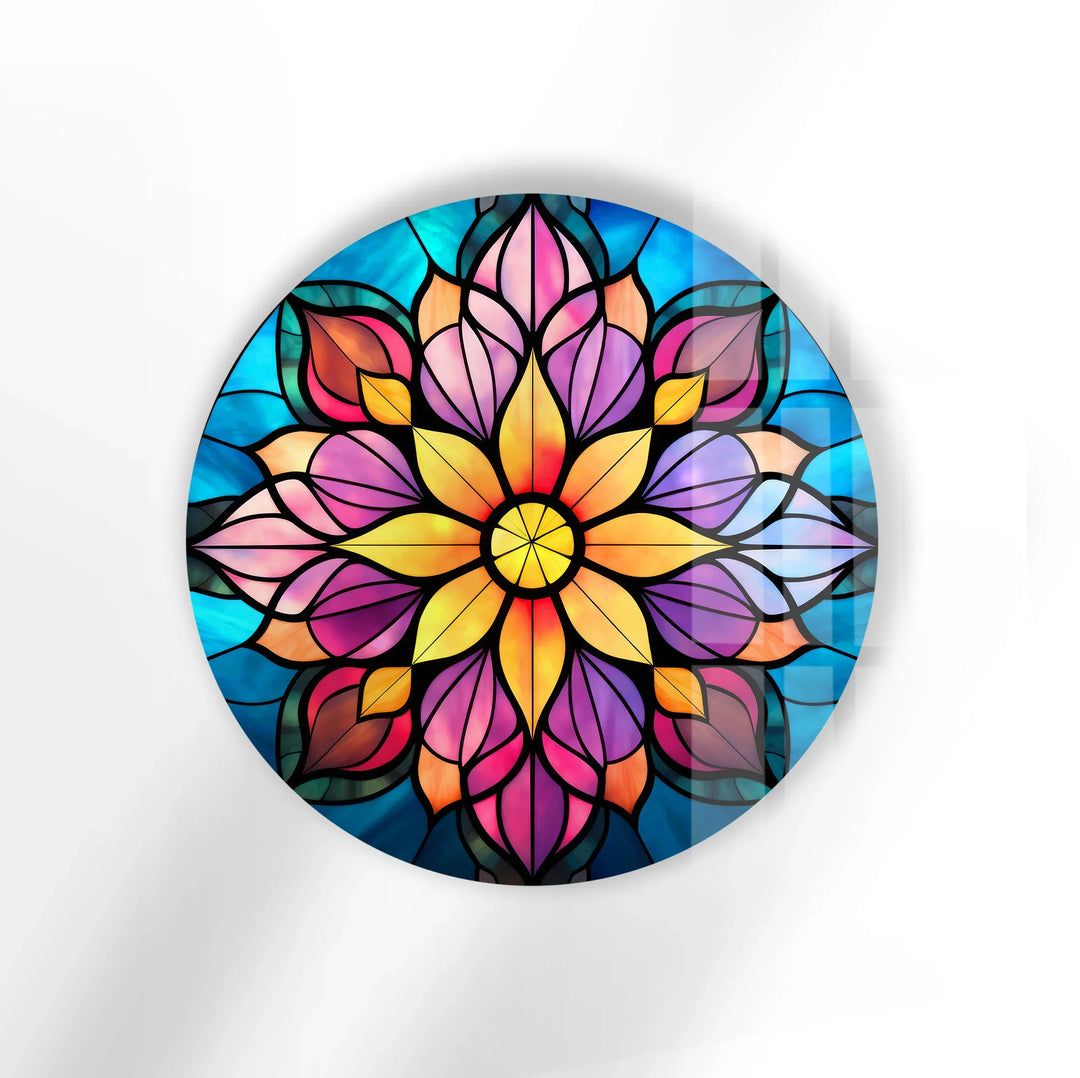 Mandala Lotus Flower Glass Wall Art – Round Stained Glass Style Floral Decor for Zen & Boho Homes - MyPhotoStation