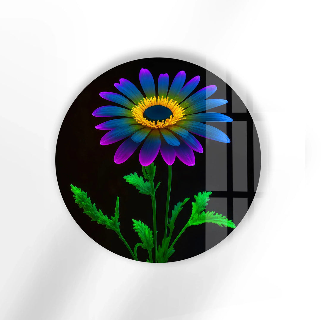 Neon Daisy Flower Wall Art – Round Glass Print with Black Background, Colorful Petals & Green Stem - MyPhotoStation