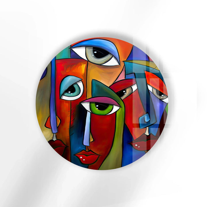 Colorful Cubist Face Round Wall Art – Abstract Glass Decor with Modern Picasso Style - MyPhotoStation
