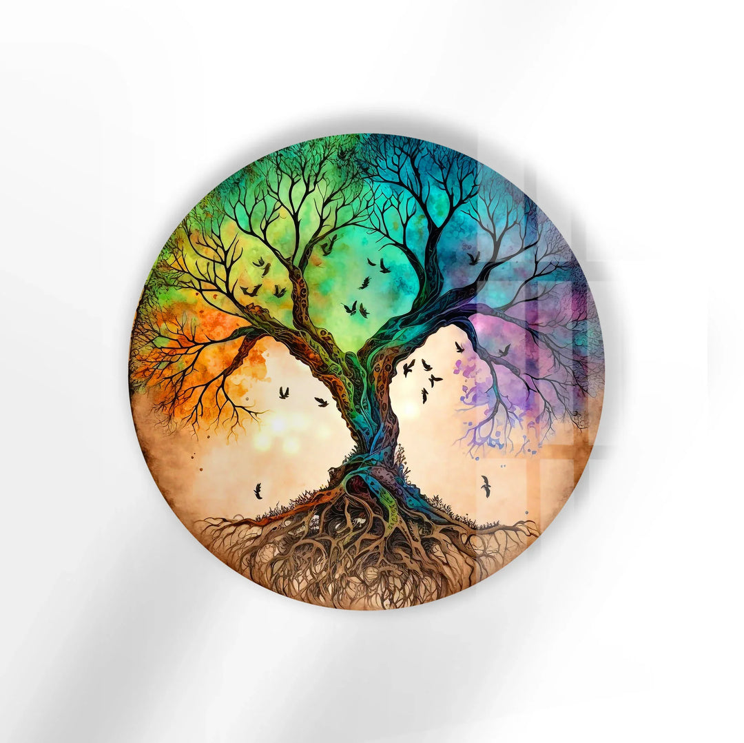 Dual Tree of Life Wall Art – Colorful Round Glass Print with Roots and Birds for Modern Home Decor - MyPhotoStation