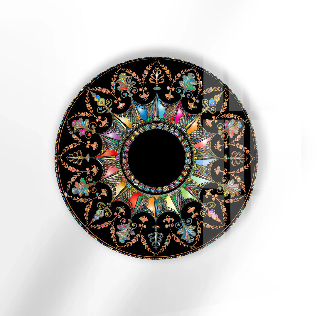 Mandala Round Wall Art – Ornate Colorful Glass Print with Black Background for Luxe Boho or Modern Decor - MyPhotoStation