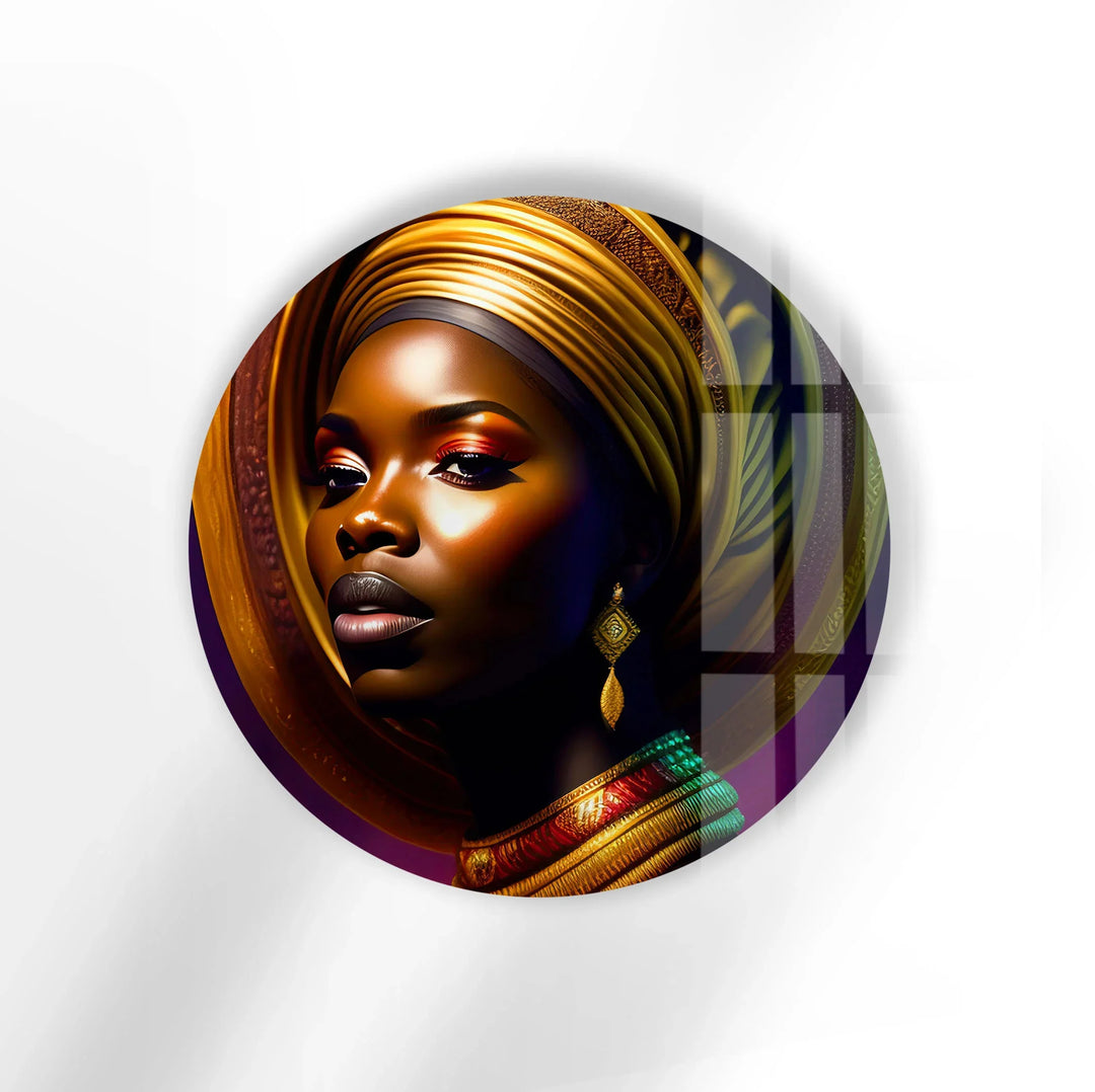 African Woman Portrait Wall Art – Bold Round Glass Print with Golden Headwrap for Modern & Cultural Decor - MyPhotoStation