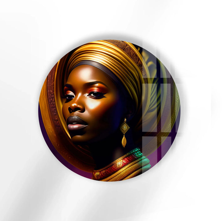African Woman Portrait Wall Art – Bold Round Glass Print with Golden Headwrap for Modern & Cultural Decor - MyPhotoStation