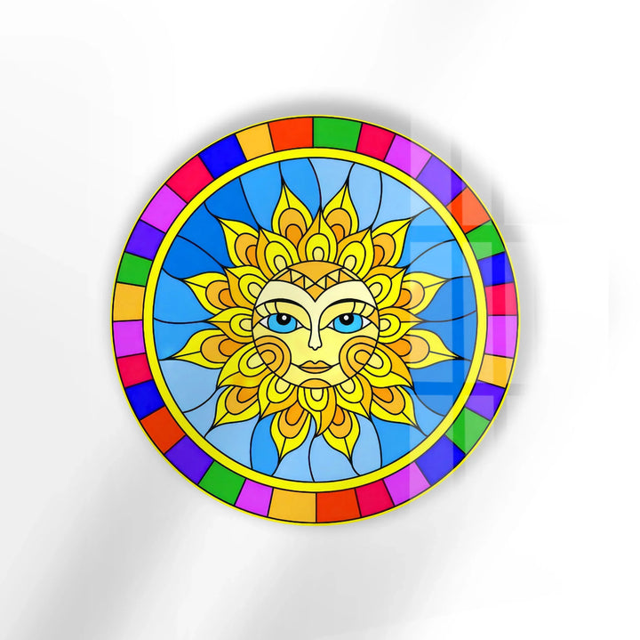 Colorful Sun Face Round Wall Art – Boho Celestial Decor in Glass - MyPhotoStation