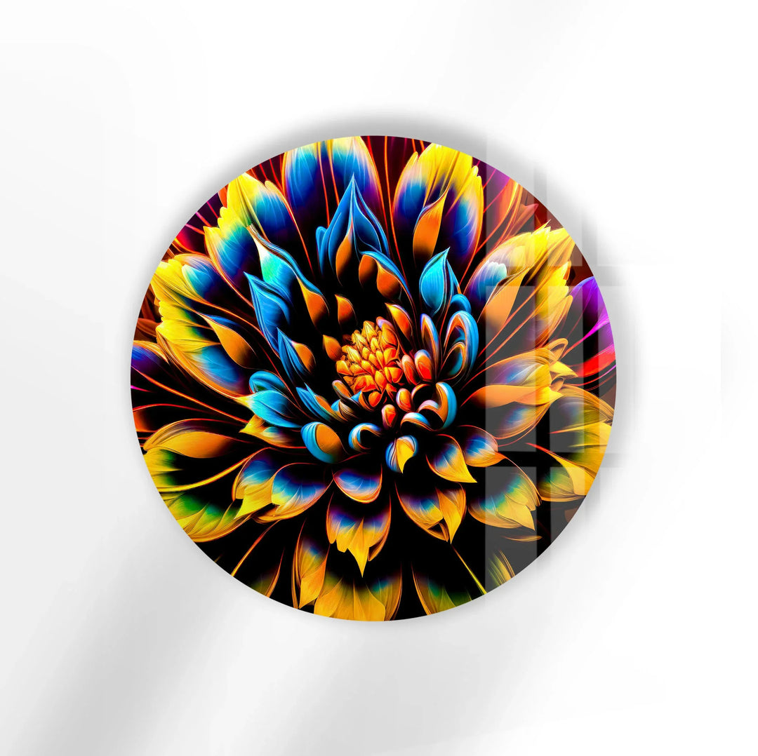 Vibrant Neon Flower Wall Art – Round Glass Decor with Black Background, Bold Petals & UV Print - MyPhotoStation