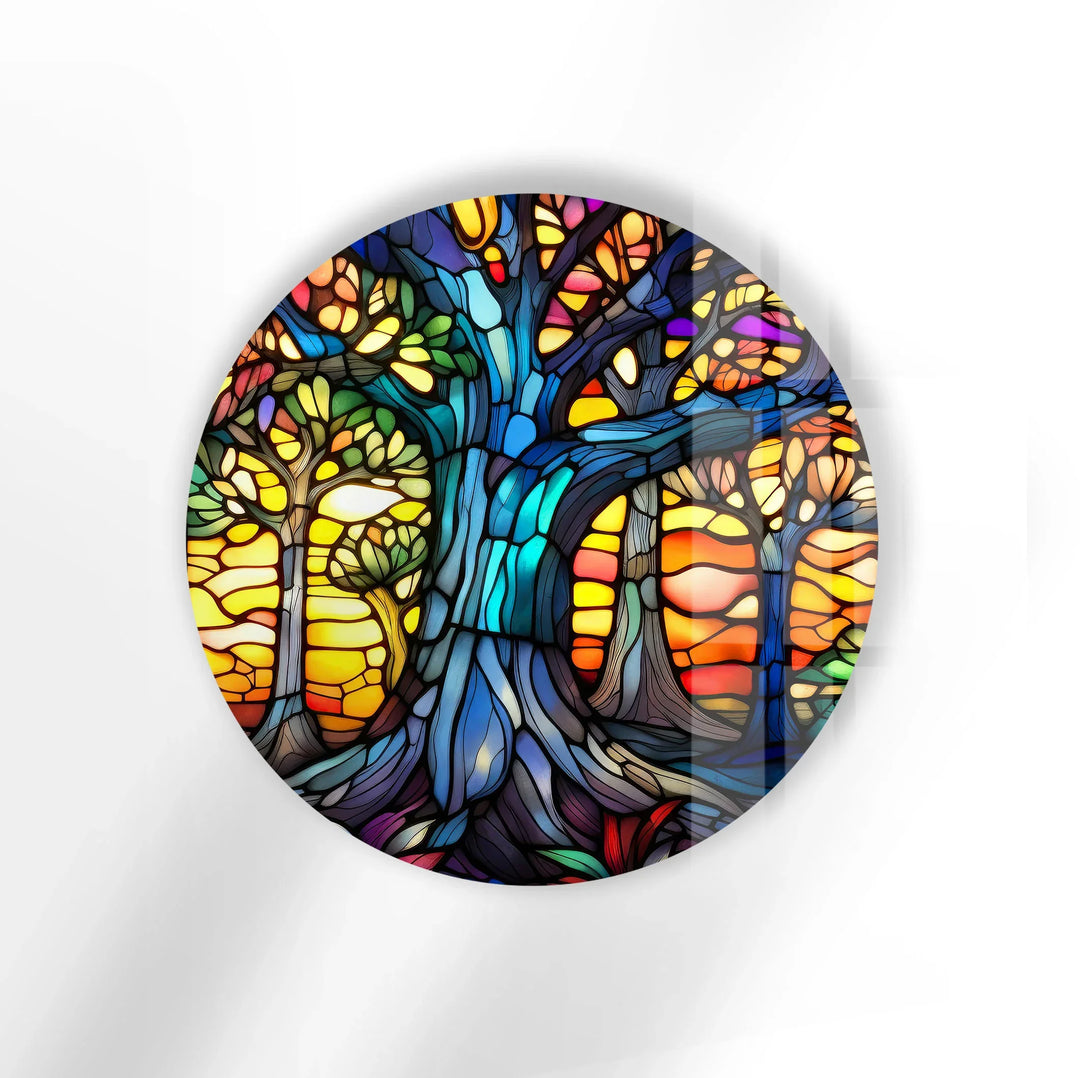 Stained Glass Tree of Life Wall Art – Round Vibrant Forest Print for Spiritual Home Decor - MyPhotoStation