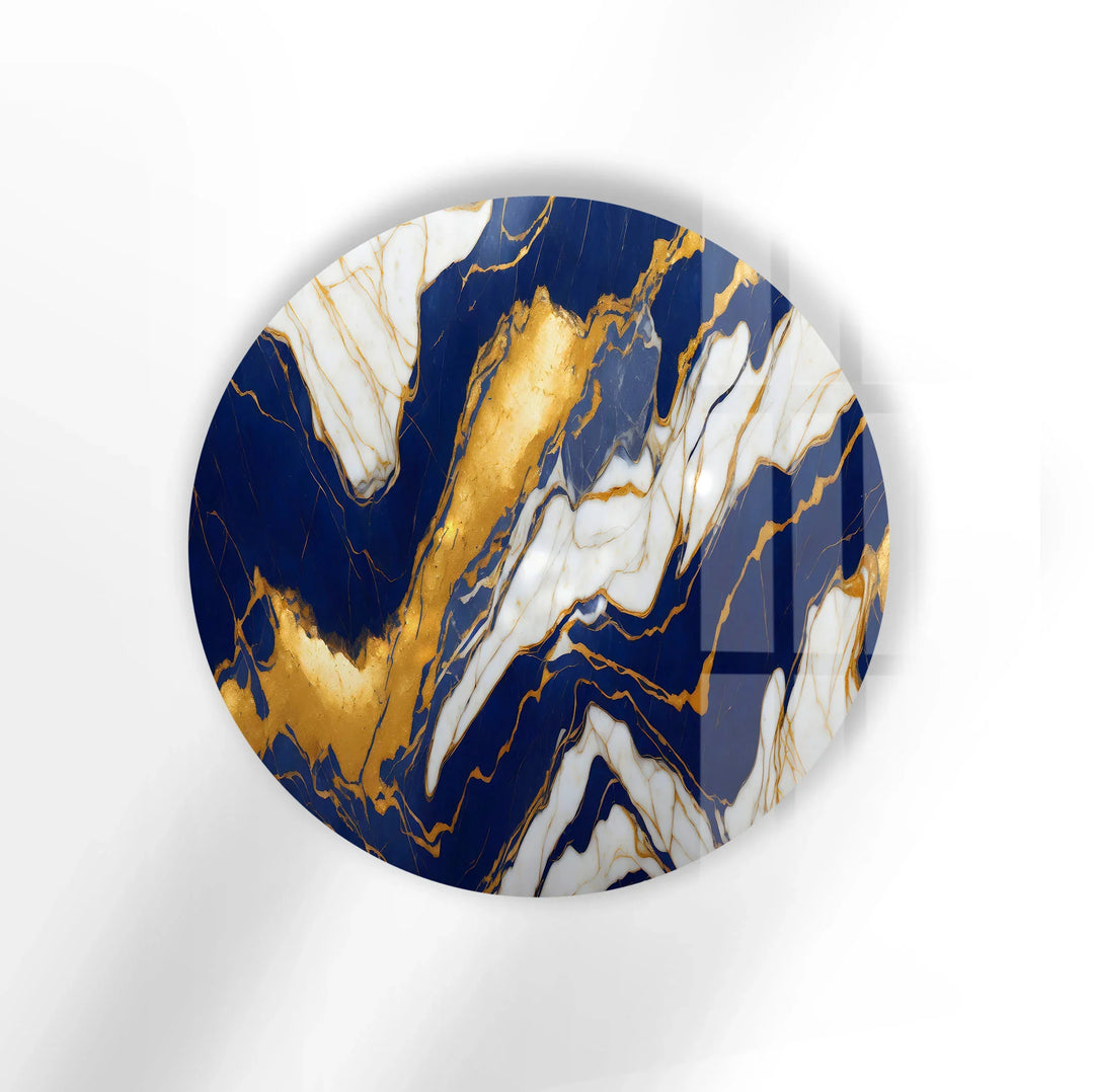 Royal Blue & Gold Marble Round Wall Art – Luxurious Tempered Glass Accent for Modern Interiors - MyPhotoStation