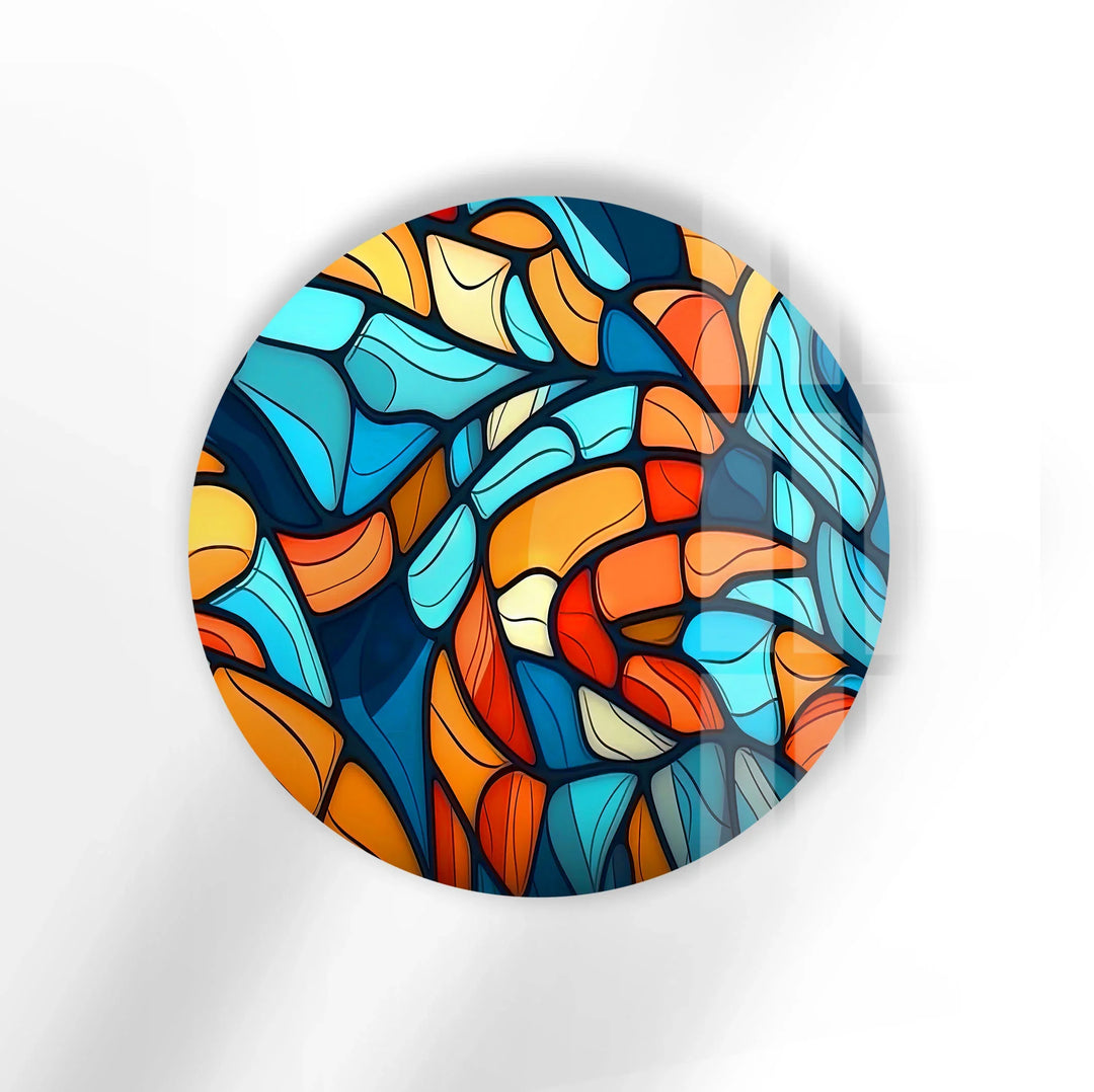 Colorful Abstract Stained Glass Round Wall Art – Blue Orange Modern Design - MyPhotoStation