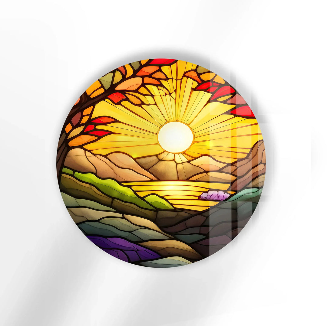 Sunrise Landscape Wall Art – Vibrant Round Stained Glass Style Glass Print for Living Room or Entryway - MyPhotoStation