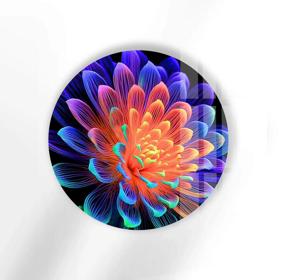 Radiant Neon Flower Glass Wall Art – Round Modern Decor with Vivid Color Petals - MyPhotoStation