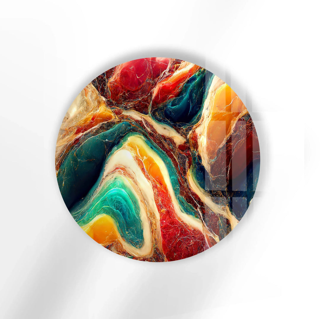 Colorful Marble Swirl Round Wall Art – Abstract Glass Decor with Earthy Tones & Gemstone Texture - MyPhotoStation