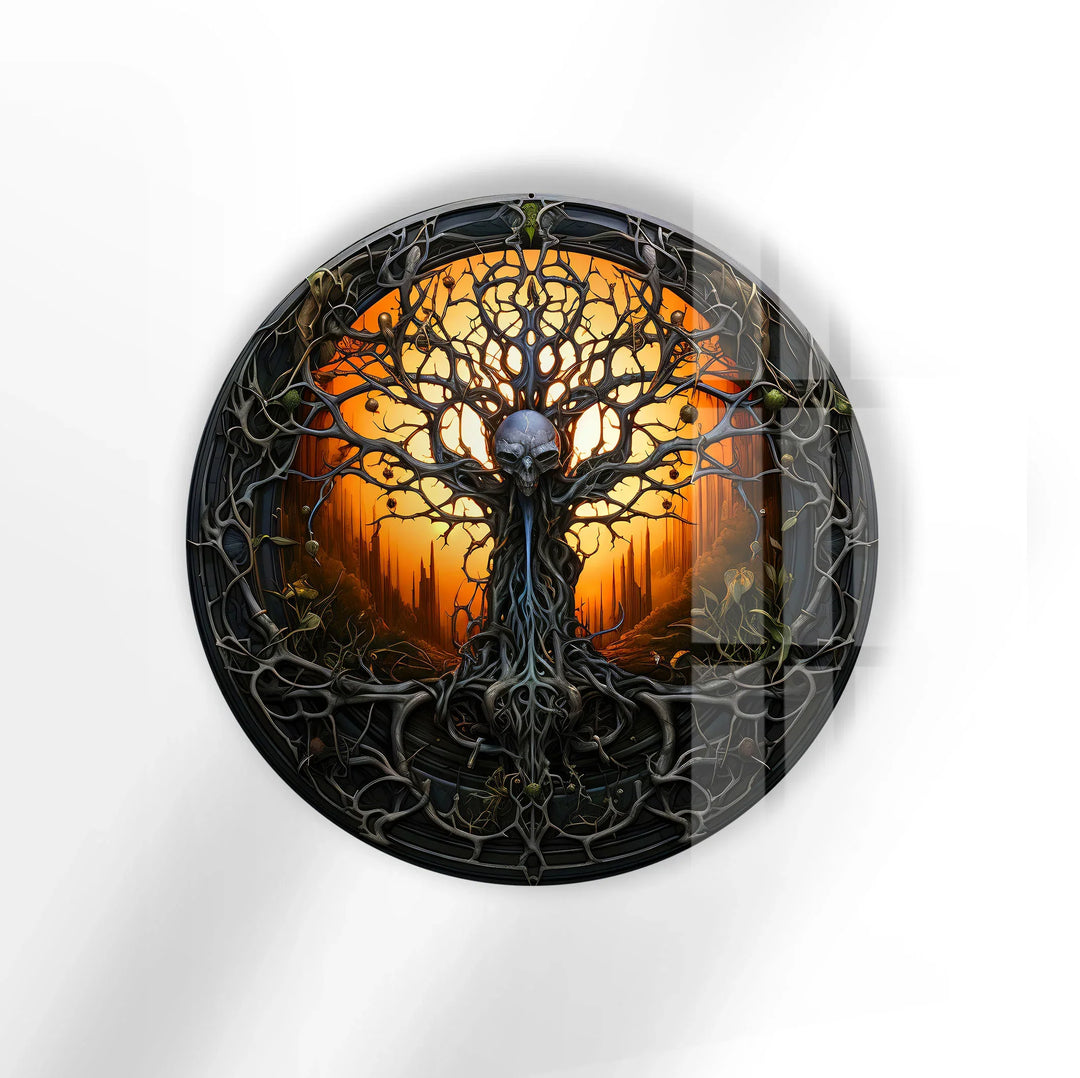 Gothic Skull Tree Round Wall Art – Dark Fantasy Glass Decor for Horror & Halloween Lovers - MyPhotoStation