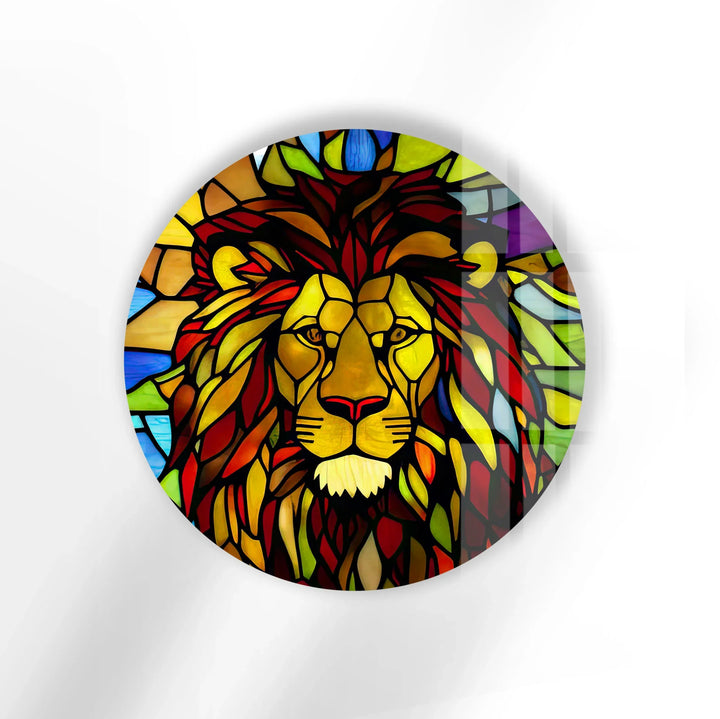 Stained Glass Lion Wall Art – Round Majestic Jungle King Glass Decor - MyPhotoStation