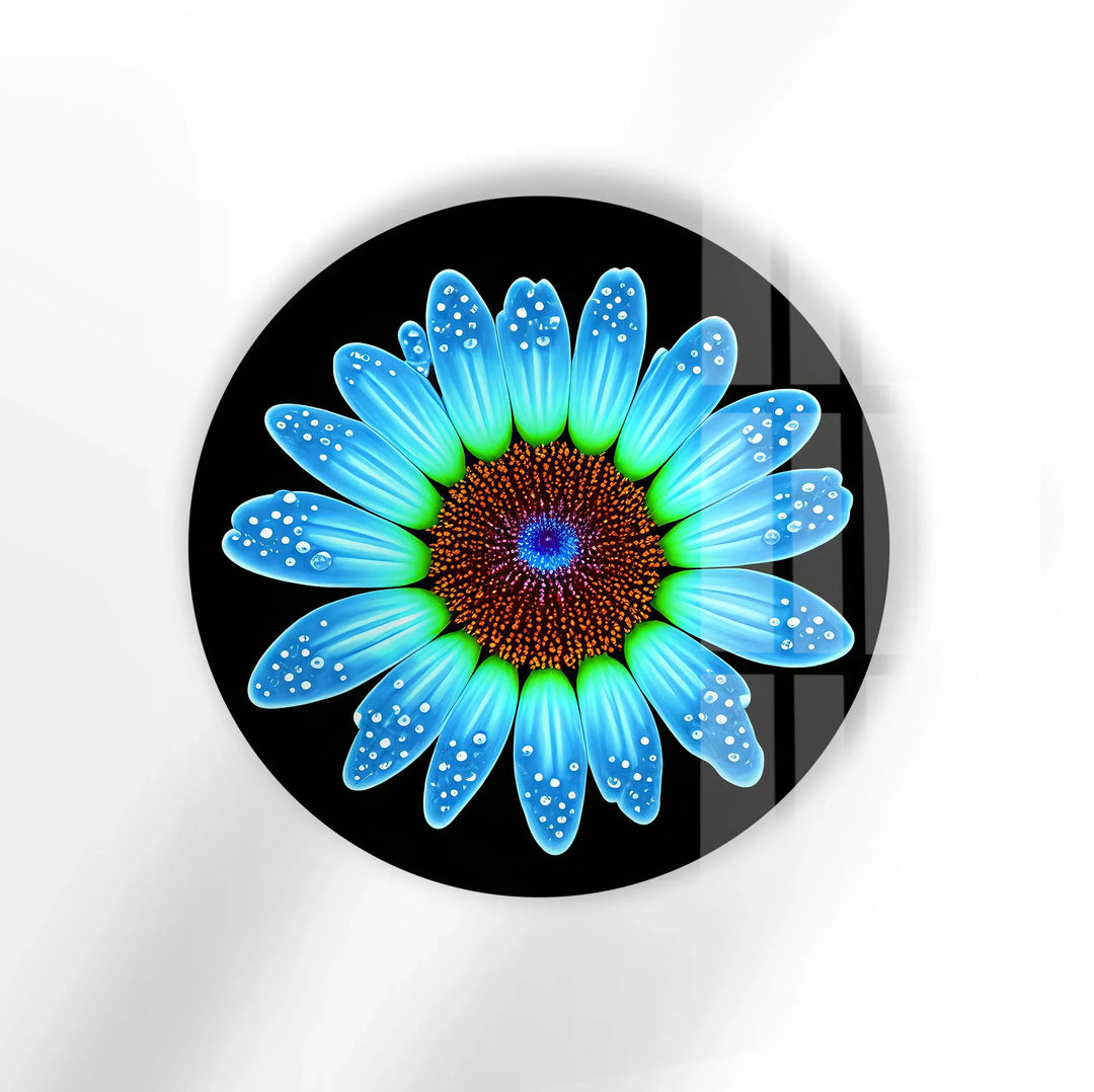 Blue Daisy Flower Wall Art – Round Modern Floral Glass Print with Water Droplets - MyPhotoStation