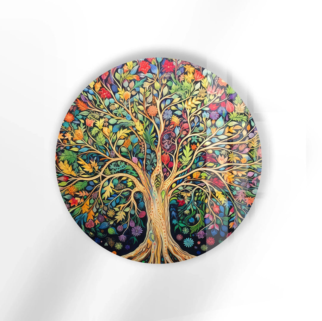 Colorful Tree of Life Wall Art – Round Glass Print with Vibrant Botanical Design for Nature-Inspired Home Decor - MyPhotoStation