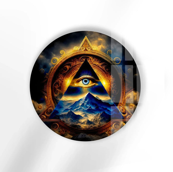 Eye of Providence Round Wall Art – Mystical Glass Decor with Pyramid & Mountain Design - MyPhotoStation